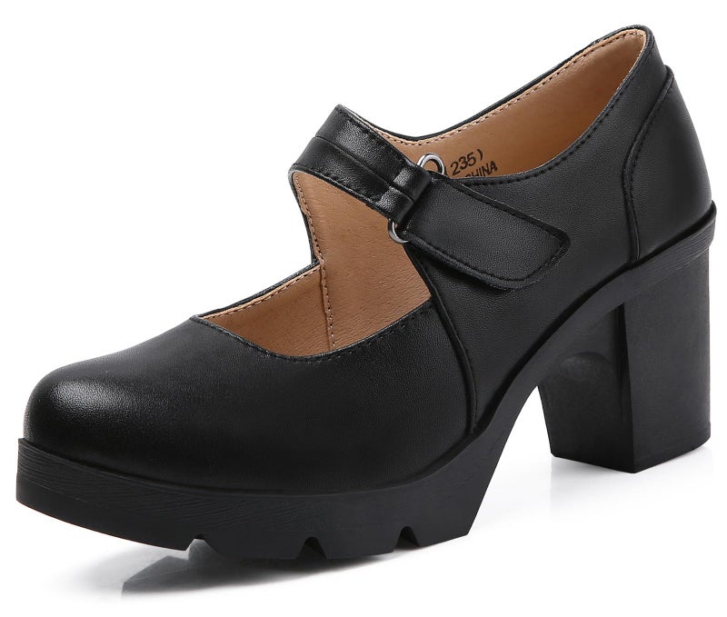 DADAWEN Women's Leather Classic Mid Heel Mary Jane Square Toe Oxfords Platform Dress Pumps Shoes Black US Size 8 - Image 1